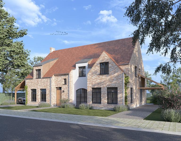 Voorgevel 2 halfopen nieuwbouwwoningen 