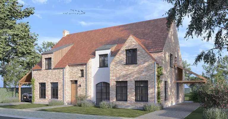 Voorgevel 2 halfopen nieuwbouwwoningen 